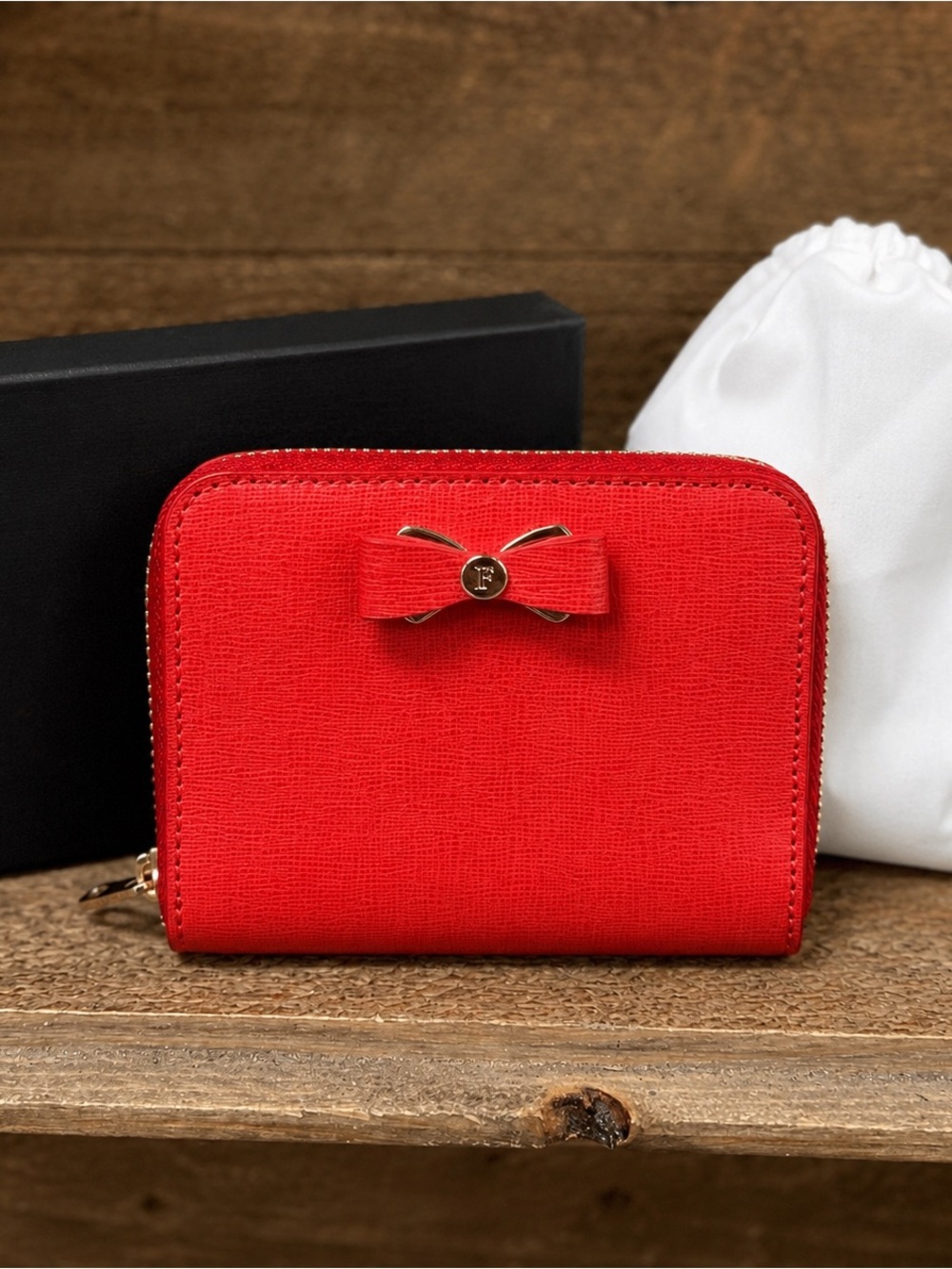 Furla Coral Red Leather Zip Around Wallet NWT Bow Detail Italy